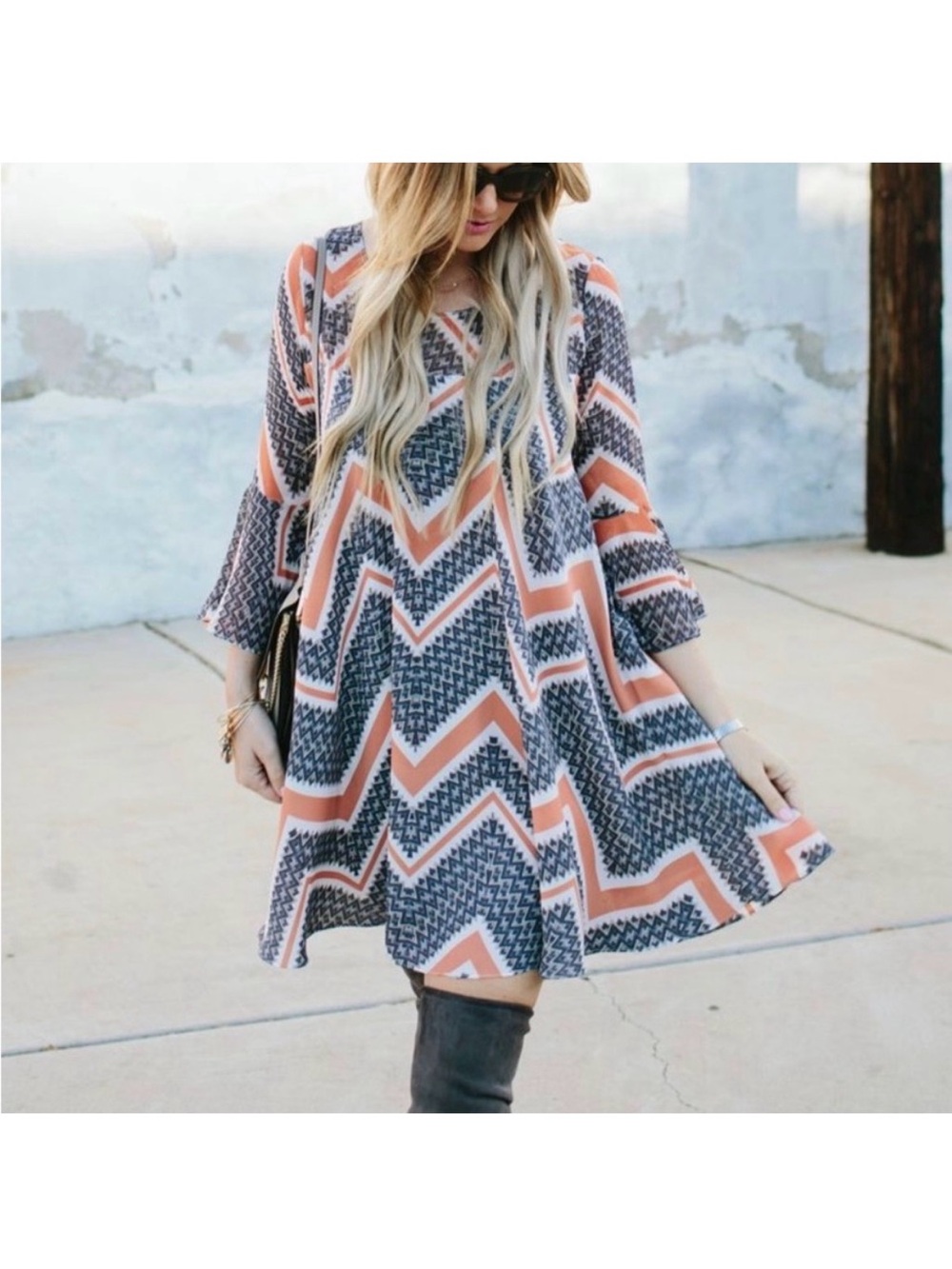 Paper Crane Swing Dress Boho Chic Gray Orange Print Cottagecore Anthropologie